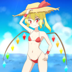 Rule 34 | 1girl, beach, bikini, blonde hair, breasts, cato (monocatienus), day, fang, fang out, flandre scarlet, flat chest, hand on headwear, hand on own hip, hat, navel, red bikini, red eyes, side ponytail, small breasts, smile, solo, straw hat, swimsuit, touhou, wings, wrist cuffs