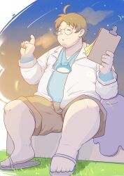 Rule 34 | 1boy, :o, bara, bawp (bawp13), belly, brown shorts, bulge, creatures (company), ditto, facial hair, fat, fat man, from below, full body, game freak, gen 1 pokemon, glasses, goatee, grass, grey hair, highres, holding, index finger raised, male focus, merchandise, neroli (pokemon), nintendo, note, open clothes, open shirt, pokemon, pokemon (creature), pokemon sleep, round eyewear, sandals, short hair, shorts, sky, sleep mask, snorlax, solo, star (sky), starry sky, stubble