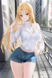 Rule 34 | 1girl, absurdres, bare shoulders, blonde hair, blue shorts, blush, building, clothing cutout, cowboy shot, denim, denim shorts, grin, hand on own hip, highres, lillly, long hair, long sleeves, looking at viewer, midriff, original, outdoors, railing, red eyes, shirt, short shorts, shorts, shorts tug, shoulder cutout, sidelocks, smile, solo, thigh gap, thighs, tree, v, white shirt