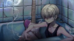 Rule 34 | 1girl, ahoge, ashtray, bad id, bad twitter id, bathroom, bathtub, black tank top, blonde hair, character request, cigarette, cigarette pack, collarbone, copyright request, crack, cracked wall, earrings, electric guitar, flat chest, guitar, highres, indoors, instrument, jewelry, lighter, looking at viewer, shiontaso, short hair, sitting, smoke, smoking, solo, tank top, tile wall, tiles