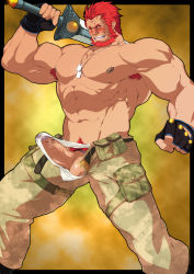 Rule 34 | 1boy, abs, absurdres, armpit hair, bara, beard, biceps, black gloves, blush, bulge, camouflage, camouflage pants, cum, dark-skinned male, dark skin, dog tags, ejaculation, erection, erection under clothes, facial hair, fate/grand order, fate/zero, fate (series), feet out of frame, fingerless gloves, gloves, gluteal fold, highres, iskandar (fate), kito (clamp5656), large pectorals, legs apart, male focus, male pubic hair, male underwear, mature male, muscular, muscular male, navel, nipples, official alternate costume, over shoulder, paid reward available, pants, pectorals, penis, penis peek, pubic hair, red eyes, red hair, paid reward available, short hair, solo, stomach, sword, sword over shoulder, testicles, thick thighs, thighs, uncensored, underwear, veins, veiny penis, weapon, weapon over shoulder, wet, wet clothes, wet male underwear, white male underwear