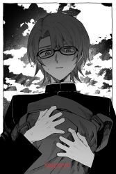 Rule 34 | 1boy, artist name, backpack, bag, blush, border, character request, chinikuniku, cloud, cloudy sky, copyright request, dated, glasses, greyscale, hair between eyes, hands up, holding, holding bag, long sleeves, looking at viewer, male focus, mandarin collar, monochrome, outdoors, outside border, shirt, short hair, sky, solo, standing, sweat, teeth