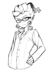 Rule 34 | 1boy, cosplay, glasses, greyscale, hand on own hip, houndstooth, inazuma eleven (series), inazuma eleven go, looking at viewer, male focus, monochrome, narukami yuu, narukami yuu (cosplay), persona, persona 4, simple background, solo, tooru, tsurugi kyousuke, unmoving pattern, white background