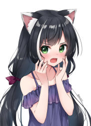 Rule 34 | 1girl, animal ear fluff, animal ears, anz32, bad id, bad pixiv id, bare shoulders, black hair, blush, bow, cat ears, collarbone, commentary request, dress, fang, green eyes, hands up, karyl (princess connect!), long hair, looking at viewer, low twintails, multicolored hair, nail polish, off-shoulder dress, off shoulder, open mouth, pink nails, princess connect!, purple bow, purple dress, simple background, solo, streaked hair, twintails, twitter username, upper body, v-shaped eyebrows, very long hair, white background, white hair