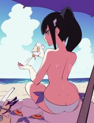 Rule 34 | 1girl, aetherion, angry, ass, back, beach, bikini, black hair, blue eyes, breasts, butt crack, dimples of venus, highres, kill la kill, kiryuuin satsuki, large breasts, long hair, looking at viewer, medium breasts, ocean, ponytail, senketsu, solo, swimsuit, sword, thick eyebrows, topless, very long hair, weapon