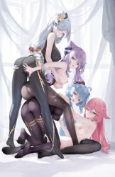Rule 34 | 4girls, absurdres, ahoge, alternate costume, animal ears, aqua eyes, ass, ass grab, bare arms, black pantyhose, black thighhighs, blouse, blue hair, blush, bodystocking, bodysuit, grabbing another&#039;s breast, breasts, cameltoe, cone hair bun, curtains, feet, fox ears, from behind, ganyu (genshin impact), genshin impact, gold trim, grabbing, hair bun, hair over one eye, haku89, highres, horns, keqing (genshin impact), kneeling, long hair, looking at viewer, lying, medium breasts, multiple girls, nipples, no shoes, on back, open mouth, pantyhose, parted lips, pink hair, purple eyes, pussy, shenhe (genshin impact), shirt, sideboob, sidelocks, smile, soles, standing, thigh grab, thighhighs, thighlet, thighs, toes, twintails, underboob, vision (genshin impact), white shirt, yae miko