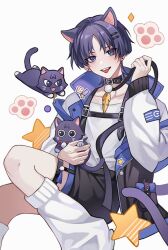 Rule 34 | 1boy, alternate costume, animal ears, black shorts, blue eyes, cat, cat boy, cat ears, cat tail, collar, feathers, genshin impact, hair ornament, hairclip, highres, jacket, long sleeves, male focus, open mouth, purple hair, scaramouche (cat) (genshin impact), scaramouche (genshin impact), shirt, short hair, shorts, smile, socks, star (symbol), tail, teeth, tongue, tongue out, unik0503, white jacket, white socks