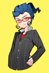 Rule 34 | 1boy, blue hair, cosplay, glasses, hand on own hip, houndstooth, inazuma eleven (series), inazuma eleven go, looking at viewer, male focus, narukami yuu, narukami yuu (cosplay), persona, persona 4, red-framed eyewear, simple background, solo, tooru, tsurugi kyousuke, unmoving pattern, yellow background