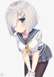 Rule 34 | 10s, 1girl, blue eyes, blush, breasts, closed mouth, collarbone, gloves, grey background, hair ornament, hair over one eye, hairclip, hamakaze (kancolle), hands on legs, highres, kantai collection, large breasts, leaning forward, nayuhi (yukimuu14), pantyhose, school uniform, serafuku, short hair, signature, silver hair, solo, white gloves