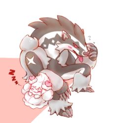 Rule 34 | alcremie, alcremie (love sweet), alcremie (vanilla cream), blush, claws, creature, creatures (company), closed eyes, game freak, gen 8 pokemon, kumagorou (pixiv874406), looking at another, nintendo, obstagoon, sound effects, pokemon, pokemon (creature), sitting, sleeping, tongue, tongue out, zzz