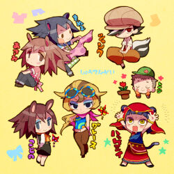 Rule 34 | 3boys, 4girls, 73 (naa), animal crossing, apron, arms up, black dress, black eyes, black hair, blonde hair, blue shirt, blush stickers, brown hair, brown headwear, brown pants, checkered apron, checkered clothes, dress, eyewear on head, gold bracelet, gracie (animal crossing), grey pants, hedgehog ears, hedgehog tail, humanization, katrina (animal crossing), kicks (animal crossing), label able (animal crossing), leif (animal crossing), mabel able (animal crossing), midriff, multiple boys, multiple girls, nintendo, panther ears, panther tail, pants, pink scarf, plant, potted plant, puffy pants, red skirt, red veil, sable able (animal crossing), scarf, shirt, skirt, skunk tail, smile, yellow background, yellow eyes
