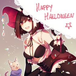 Rule 34 | 1girl, black dress, black sleeves, blue scarf, brown hair, commentary, detached sleeves, dog, dress, earrings, english commentary, halloween, halloween costume, happy halloween, hat, hat ornament, jewelry, leaning forward, looking at viewer, meiko (vocaloid), open mouth, red eyes, scarf, short hair, sleeveless, sleeveless dress, smile, solo, upper body, vocaloid, witch hat, yen-mi
