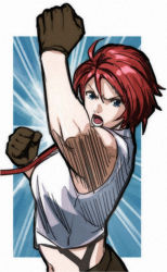 Rule 34 | blue eyes, boxing, gloves, green pants, mature female, open mouth, pants, red hair, red tie, shirt, snk, suspenders, the king of fighters, vanessa (kof), white shirt