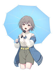 Rule 34 | 1girl, bang dream!, bang dream! it&#039;s mygo!!!!!, belt, blue jacket, blue umbrella, blush, brown eyes, commentary request, cowboy shot, cropped legs, earrings, green shorts, grey hair, highres, holding, holding microphone, holding umbrella, jacket, jewelry, looking at viewer, microphone, music, novi visual, off shoulder, open clothes, open jacket, open mouth, shirt, short hair, shorts, simple background, singing, sleeveless, sleeveless shirt, solo, takamatsu tomori, umbrella, white background, white shirt