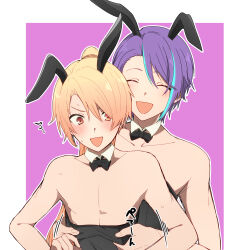 Rule 34 | 2boys, 7v xyz, absurdres, animal ears, aqua hair, bare arms, bare shoulders, black bow, black bowtie, black leotard, blonde hair, blush, border, bow, bowtie, closed eyes, collar, collarbone, detached collar, fake animal ears, fingerless gloves, gloves, grabbing, grabbing from behind, gradient hair, high ponytail, highres, kamishiro rui, leotard, long hair, looking down, male focus, multicolored hair, multiple boys, official alternate hair length, official alternate hairstyle, open mouth, orange eyes, orange hair, outline, pink background, playboy bunny, ponytail, project sekai, purple hair, rabbit ears, short hair, smile, streaked hair, sweat, tenma tsukasa, upper body, v-shaped eyebrows, white border, white collar, white outline, wide-eyed