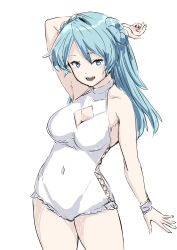 Rule 34 | 1girl, 30-06, alternate costume, blue eyes, blue hair, breasts, casual one-piece swimsuit, cleavage, cleavage cutout, closed eyes, clothing cutout, cross-laced clothes, cross-laced one-piece swimsuit, diamond cutout, double bun, frilled one-piece swimsuit, frills, hair bun, highres, kantai collection, long hair, medium breasts, one-piece swimsuit, simple background, solo, standing, swimsuit, urakaze (kancolle), white background, white one-piece swimsuit, wristband
