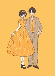Rule 34 | absurdres, androgynous, black hair, buttons, dress, earrings, formal, gender request, hand on another&#039;s arm, hand on own hip, headband, high heels, highres, jewelry, looking at viewer, looking down, nail polish, necklace, original, piercing, polka dot, polka dot dress, rikuwo, short hair, simple background, smile, suit, yellow background, yellow dress, yellow theme