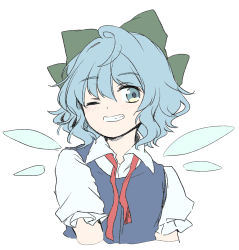 Rule 34 | 1girl, ;), blue dress, blue eyes, blue hair, bow, cirno, collared shirt, cropped torso, detached wings, dress, green bow, grin, hair between eyes, hair bow, head tilt, highres, ice, ice wings, kuromame (8gou), looking to the side, neck ribbon, one eye closed, pinafore dress, puffy short sleeves, puffy sleeves, red ribbon, ribbon, shirt, short hair, short sleeves, simple background, sleeveless dress, smile, solo, touhou, upper body, white background, white shirt, wings