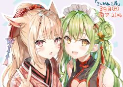 Rule 34 | 2girls, :d, :o, animal ears, bare shoulders, blonde hair, blush, breasts, chinese clothes, cleavage cutout, clothing cutout, double bun, facial mark, final fantasy, final fantasy xiv, green hair, hair between eyes, hair bun, hand up, heart cutout, japanese clothes, kimono, long hair, looking at viewer, maid headdress, medium breasts, miqo&#039;te, momoko (momopoco), multiple girls, open mouth, outline, ponytail, raised eyebrows, red eyes, red tassel, simple background, smile, tassel, upper body, v, whisker markings, white outline, yellow eyes, yukari (momoko)