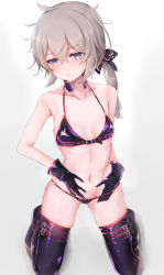 Rule 34 | 1girl, armpits, bare arms, bare shoulders, belt, belt buckle, black bra, black choker, black eyes, black gloves, black panties, black thighhighs, bow, bra, breasts, buckle, cameltoe, choker, collarbone, fate (series), frown, girls&#039; frontline, gloves, gluteal fold, grey hair, habu rin, hair bow, halterneck, hands on own stomach, helena blavatsky (fate), helena blavatsky (swimsuit archer) (fate), helena blavatsky (swimsuit archer) (third ascension) (fate), highres, latex, latex gloves, latex legwear, long hair, looking at viewer, low ponytail, lowleg, lowleg panties, m200 (girls&#039; frontline), navel, panties, parted lips, shiny clothes, simple background, skindentation, small breasts, solo, stomach, string bra, string panties, sweat, thighhighs, thighs, underwear, underwear only, white background