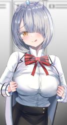 Rule 34 | 1girl, absurdres, bad id, bad twitter id, bow, bowtie, breasts, cardigan, chartreux westia, hair over one eye, hanasaka houcha, highres, kishuku gakkou no juliet, large breasts, licking lips, short hair, silver hair, skirt, solo, striped bow, striped bowtie, striped clothes, striped neckwear, sweat, tiara, tongue, tongue out, yellow eyes