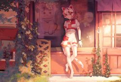 Rule 34 | 2girls, absurdres, animal ears, barefoot, blonde hair, building, calico, cat ears, goutokuji mike, hat, highres, itsukann, maneki-neko, maribel hearn, mob cap, multicolored hair, multiple girls, on wall, outdoors, patchwork clothes, plant, postbox (outgoing mail), poster (object), reflection, touhou, two-tone hair, vines, walking, window