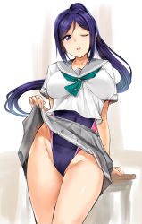 Rule 34 | 1girl, ;p, arm support, breasts, closed mouth, clothes lift, collarbone, commentary request, competition swimsuit, covered navel, green neckerchief, grey sailor collar, grey skirt, groin, highleg, highleg swimsuit, highres, kamishiro ryuu, large breasts, lifted by self, light smile, long hair, looking at viewer, love live!, love live! sunshine!!, matsuura kanan, neckerchief, one-piece swimsuit, one eye closed, pleated skirt, ponytail, purple eyes, purple hair, purple one-piece swimsuit, revision, sailor collar, school uniform, serafuku, shirt, short sleeves, skirt, skirt lift, solo, standing, swimsuit, swimsuit under clothes, tareme, thighs, tongue, tongue out, white shirt