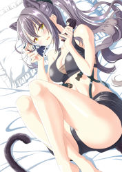 Rule 34 | 1girl, animal ears, arknights, bare arms, bare legs, bare shoulders, barefoot, bed sheet, black shorts, blush, breasts, cat ears, cat tail, ceylon (arknights), character doll, cleavage, commentary request, crop top, hands up, highres, kagura hiromu, long hair, looking at viewer, lying, medium breasts, midriff, open mouth, pillow, ponytail, schwarz (arknights), short shorts, shorts, sidelocks, silver hair, sleeveless, solo, stomach, tail, thighs, yellow eyes