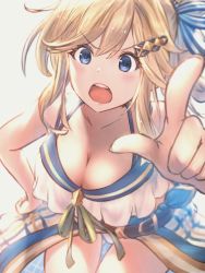 Rule 34 | 1girl, absurdres, angry, bare shoulders, bikini, blonde hair, blue eyes, blush, breasts, cleavage, collarbone, cucouroux (granblue fantasy), eyelashes, granblue fantasy, hair ornament, hairclip, highres, large breasts, long hair, looking at viewer, open mouth, original, pointing, pointing at viewer, ponytail, sassakntm, solo, swimsuit, teeth, thighs, tongue