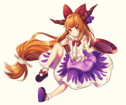 Rule 34 | 1girl, beige background, black footwear, blush, bobby socks, bow, bowtie, center frills, cup, frills, full body, hair bow, hand up, highres, holding, holding cup, horn ornament, horn ribbon, horns, ibuki suika, knee up, kyouda suzuka, long hair, looking at viewer, low-tied long hair, oni horns, orange eyes, orange hair, purple ribbon, purple skirt, red bow, red bowtie, ribbon, sakazuki, shirt, shoes, simple background, skirt, sleeveless, sleeveless shirt, smile, socks, solo, touhou, very long hair, white shirt, white socks, wrist cuffs