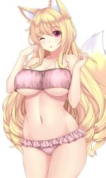 Rule 34 | 1girl, ;o, animal ears, bare arms, bare shoulders, bikini, blonde hair, blush, breasts, cleavage, collarbone, cowboy shot, curly hair, fox ears, fox girl, fox tail, frilled bikini, frills, hands up, highres, large breasts, long hair, looking at viewer, navel, one eye closed, original, parted lips, pink bikini, red eyes, simple background, sogaya, solo, standing, stomach, swimsuit, tail, underboob, very long hair, wavy hair, white background