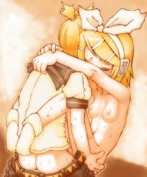 Rule 34 | 1boy, 1girl, ass, belt, blonde hair, breasts, brother and sister, carrying, closed eyes, clothed male nude female, clothes pull, headphones, held up, hetero, incest, kagamine len, kagamine rin, kakkou (su), nude, pants, pants pull, ribbon, sex, short hair, siblings, small breasts, sweat, twincest, twins, vaginal, vocaloid