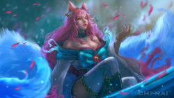Rule 34 | 1girl, ahri (league of legends), animal ears, bare shoulders, bell, blurry, blurry background, bracelet, breasts, cleavage, facial mark, fox ears, fox tail, hair bell, hair between eyes, hair ornament, hand up, highres, japanese clothes, jewelry, kimono, large breasts, league of legends, lefthandchi, long hair, multiple tails, off shoulder, official alternate costume, parted lips, petals, pink hair, red lips, smile, solo, spirit blossom ahri, tail, teeth, thighhighs, vastaya, whisker markings