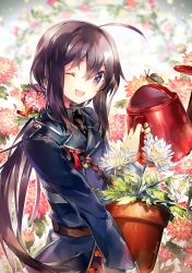 Rule 34 | 10s, 1boy, ahoge, artist name, double-breasted, flower pot, long hair, male focus, military, military uniform, namazuo toushirou, namie-kun, necktie, one eye closed, open mouth, ponytail, snail, solo, touken ranbu, uniform, very long hair, watering can