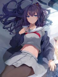Rule 34 | 1girl, absurdres, asahina mafuyu, bag, bed sheet, black pantyhose, blue eyes, blush, closed mouth, commentary, grey shirt, grey skirt, hand on own chest, highres, jacket, long hair, long sleeves, looking at viewer, lying, midriff, navel, on back, on bed, one side up, open clothes, open jacket, pantyhose, project sekai, purple hair, sailor collar, school uniform, serafuku, shirt, skirt, solo, tomura2maru, white sailor collar