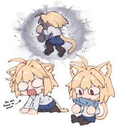 Rule 34 | 1girl, :3, absurdres, ahoge, animal, animal ear fluff, animal ears, arrow (symbol), b1n04, blonde hair, blue skirt, boots, brown footwear, cat ears, cat girl, cat tail, chibi, crater, dragon ball, eating, english text, fish, full body, highres, holding, holding animal, holding fish, kneeling, long sleeves, lying, meme, multiple views, neco-arc, neco spirit, on side, open mouth, red eyes, short hair, simple background, sitting, skirt, smile, sweater, tail, tsukihime, white background, white sweater, yamcha pose (meme)
