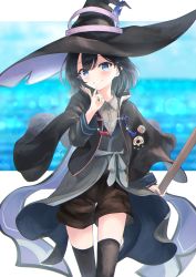 Rule 34 | 1girl, absurdres, black capelet, black hair, black hat, black shorts, black thighhighs, blue eyes, blush, capelet, collared shirt, commentary request, crying, crying with eyes open, dress shirt, eyebrows hidden by hair, grey shirt, grin, hair between eyes, hand up, hat, head tilt, highres, holding, huge filesize, majo no tabitabi, minau37, saya (majo no tabitabi), shirt, short shorts, shorts, smile, solo, tears, thighhighs, witch hat
