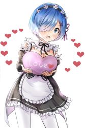 Rule 34 | 10s, 1girl, :d, apron, bad id, bad pixiv id, black dress, blue eyes, blue hair, blush, breasts, cleavage, cleavage cutout, clothing cutout, detached collar, detached sleeves, dress, flower, hair flower, hair ornament, hair over one eye, hair ribbon, heart, heart-shaped pillow, holding, holding pillow, looking at viewer, maid, maid headdress, medium breasts, melings (aot2846), open mouth, pillow, re:zero kara hajimeru isekai seikatsu, rem (re:zero), ribbon, ribbon-trimmed dress, short hair, simple background, smile, solo, thighhighs, waist apron, white apron, white background, white thighhighs, x hair ornament