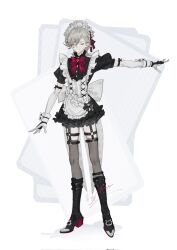 Rule 34 | 1boy, aoma (xuanzexuexi), apron, bishounen, boots, bow, bowtie, closed eyes, corrupted twitter file, cross-laced footwear, full body, genshin impact, grey hair, highres, lace-up boots, lyney (genshin impact), maid, maid apron, maid headdress, male focus, red bow, red bowtie, short hair, solo, teardrop tattoo