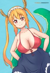 Rule 34 | 1girl, absurdres, bikini, blonde hair, blue background, breasts, cleavage, dragon girl, gummslime, highres, horns, kobayashi-san chi no maidragon, large breasts, long hair, looking at viewer, maid, maid headdress, md5 mismatch, red eyes, resolution mismatch, self-upload, smile, solo, source smaller, split mouth, swimsuit, tail, tohru (maidragon), underwear