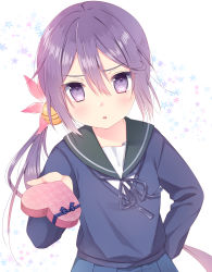 Rule 34 | 1girl, akebono (kancolle), bell, black sailor collar, blue skirt, blush, cardigan, commentary request, flower, gift, hair bell, hair flower, hair ornament, highres, holding, holding gift, jingle bell, kantai collection, long hair, long sleeves, parted lips, pink flower, pleated skirt, purple cardigan, purple eyes, purple hair, sailor collar, school uniform, serafuku, side ponytail, skirt, solo, valentine, yuuzaki