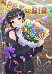 Rule 34 | 1girl, absurdres, banner, black hair, black jacket, black shirt, blouse, blue flower, blunt bangs, blush, bouquet, closed eyes, commentary request, confetti, cowboy shot, demon girl, demon horns, demon tail, flower, happy birthday, heart, heart print, highres, holding, holding bouquet, horns, jacket, kojo anna, kojo anna (1st costume), long hair, long sleeves, multicolored hair, nanashi inc., navel, off shoulder, open clothes, open jacket, open mouth, pointy ears, print shirt, purple flower, purple hair, red flower, robou no stone, russian text, see-through, see-through shirt, shirt, sleeveless, sleeveless shirt, smile, solo, streamers, sugar lyric, tail, twintails, two-tone hair, virtual youtuber, yellow eyes, yellow flower, zipper