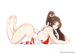 Rule 34 | 1girl, ass, bare shoulders, barefoot, bottomless, breasts, brown eyes, brown hair, commentary, english commentary, eyes visible through hair, fatal fury, feet, feet up, grin, hair ribbon, large breasts, long hair, looking at viewer, one eye closed, ponytail, ribbon, shiranui mai, simple background, smile, soles, solo, the king of fighters, thighs, tofuubear, very long hair, white background, white ribbon