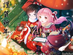 Rule 34 | 2girls, :d, :o, arrow (projectile), ayachi pbw, black hair, blue eyes, copyright name, dango, floral print, food, glasses, hamaya, hatsumoude, japanese clothes, kimono, long hair, looking at viewer, multiple girls, new year, official art, oil-paper umbrella, open mouth, orange eyes, pandora party project, pink hair, red kimono, smile, snowing, umbrella, wagashi, wide sleeves