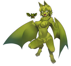 Rule 34 | 1girl, :d, bat wings, breasts, digitigrade, fangs, full body, fur, furry, furry female, giant flying fox (terraria), green fur, green hair, green wings, hair between eyes, highres, looking at viewer, medium breasts, monster girl, navel, nude, nyong nyong, open mouth, personification, reference inset, saliva, sharp toenails, short hair, simple background, smile, solo, terraria, toenails, tongue, tongue out, white background, winged arms, wings, yellow eyes