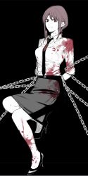 Rule 34 | 1girl, arms behind back, black background, blood, blood splatter, blood on clothes, braid, braided ponytail, breasts, chain, chainsaw man, closed mouth, collared shirt, commentary, dress shirt, eyelashes, full body, greyscale, high-waist skirt, high heels, highres, light smile, looking at viewer, makima (chainsaw man), matsumotoasumu, medium breasts, medium hair, miniskirt, monochrome, necktie, pencil skirt, red eyes, red hair, restrained, ringed eyes, shirt, shirt tucked in, simple background, skirt, smile, solo, spot color, wing collar