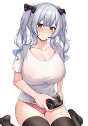 Rule 34 | 1girl, black thighhighs, blush, bow, breasts, cleavage, closed mouth, collarbone, commission, controller, covered erect nipples, game controller, hair bow, highres, kannko bokujou, large breasts, looking at viewer, no bra, original, panties, pink panties, see-through, shirt, short sleeves, sidelocks, silver hair, sitting, skeb commission, smile, thighhighs, thighs, twintails, underwear, wariza, white background, white shirt, yellow eyes