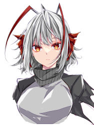 Rule 34 | 1girl, arknights, black jacket, breasts, commentary request, cropped arms, cropped torso, grey hair, grey scarf, highres, horns, jacket, long sleeves, looking at viewer, medium breasts, multicolored hair, open clothes, open jacket, red eyes, red horns, scarf, shirt, simple background, solo, suterii, upper body, w (arknights), white background, white shirt