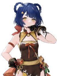 Rule 34 | 1girl, asymmetrical bangs, bare shoulders, belt, black gloves, black shorts, blue hair, blush, bow, bow-shaped hair, breasts, brown ribbon, brown tabard, closed mouth, commentary request, crystal, genshin impact, gloves, guoba (genshin impact), hair bow, hair ornament, hand on own hip, hand up, highres, looking away, medium breasts, red bow, red ribbon, ribbon, short hair, short shorts, shorts, simple background, solo, standing, suashi, sweat, sweatdrop, tabard, tassel, vision (genshin impact), white background, xiangling (genshin impact), yellow belt, yellow eyes
