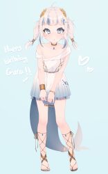Rule 34 | 1girl, :t, absurdres, ahoge, aqua background, blue hair, blue nails, bracelet, collarbone, english text, fins, fish tail, flat chest, gawr gura, gladiator sandals, gold choker, grey eyes, grey hair, happy birthday, heart, highres, hololive, hololive english, jewelry, leaning forward, looking at viewer, lucasyecla99, multicolored hair, nail polish, necklace, official alternate costume, sandals, shark tail, short hair, sidelocks, simple background, solo, standing, strap slip, streaked hair, tail, toenail polish, toenails, two side up, virtual youtuber